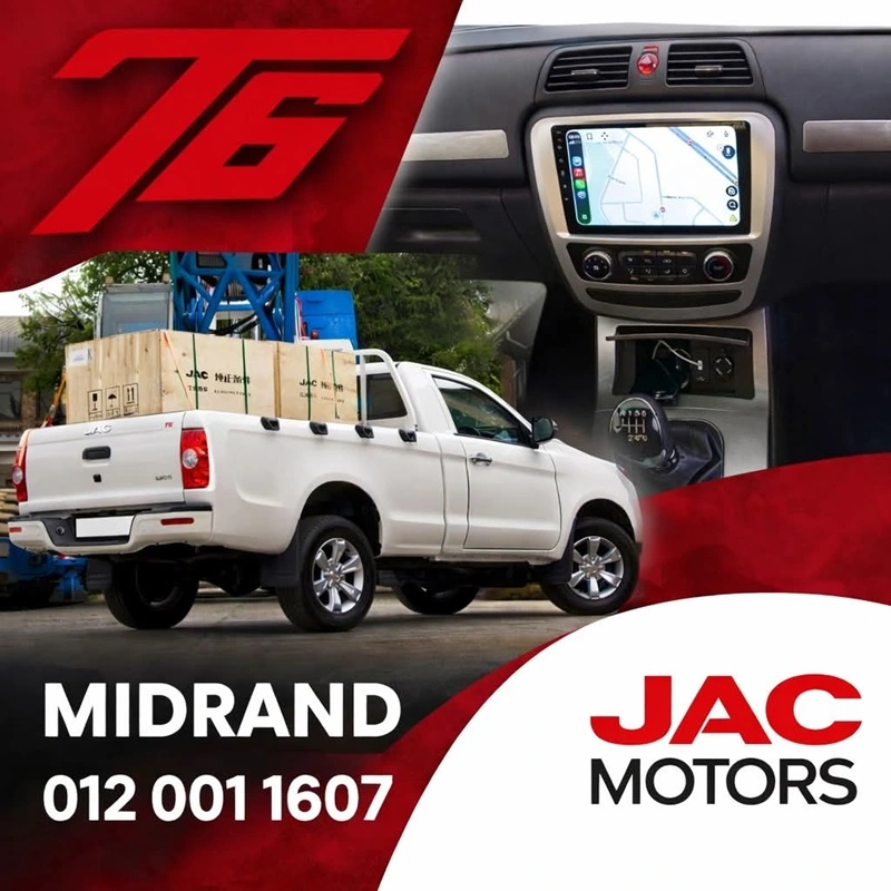 Rear view of a white JAC T6 Single Cab bakkie loaded with cargo boxes, featuring an inset of the dashboard infotainment system and gear shift.